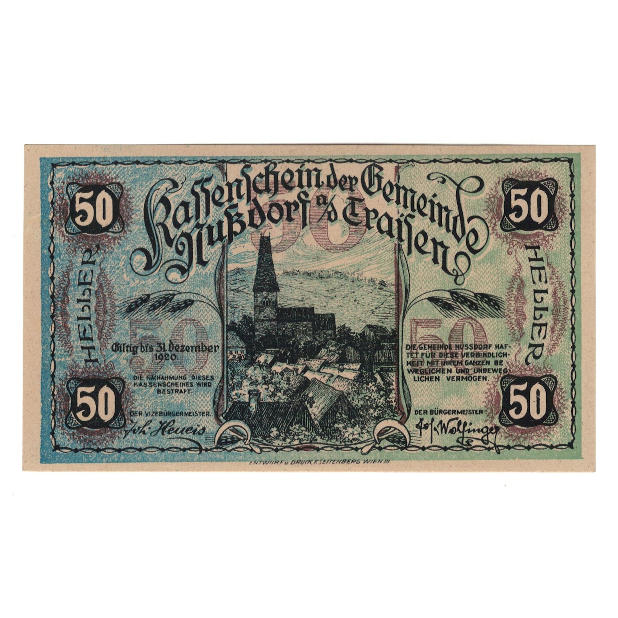 Banknote, Austria, Nußdorf an der Traisen N.Ö. Gemeinde, 50 Heller, paysage