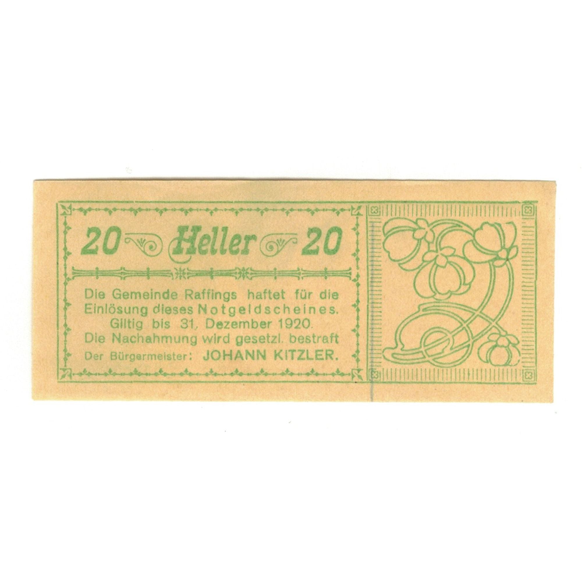 Banknote, Austria, Raffings N.Ö. Gemeinde, 20 Heller, Fleur, 1920, 1920-12-31