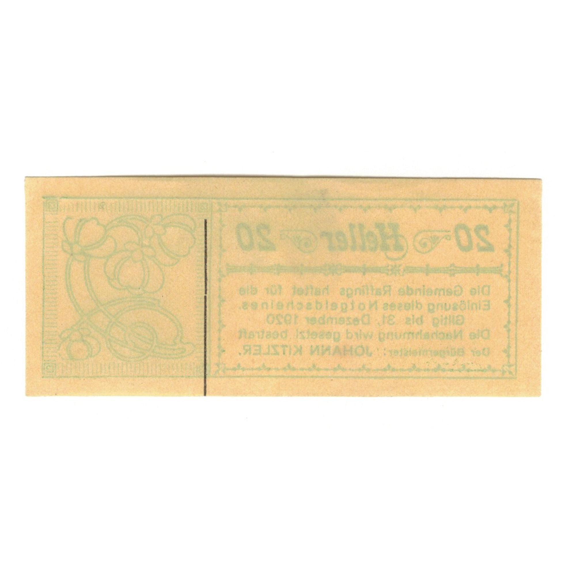 Banknote, Austria, Raffings N.Ö. Gemeinde, 20 Heller, Fleur, 1920, 1920-12-31