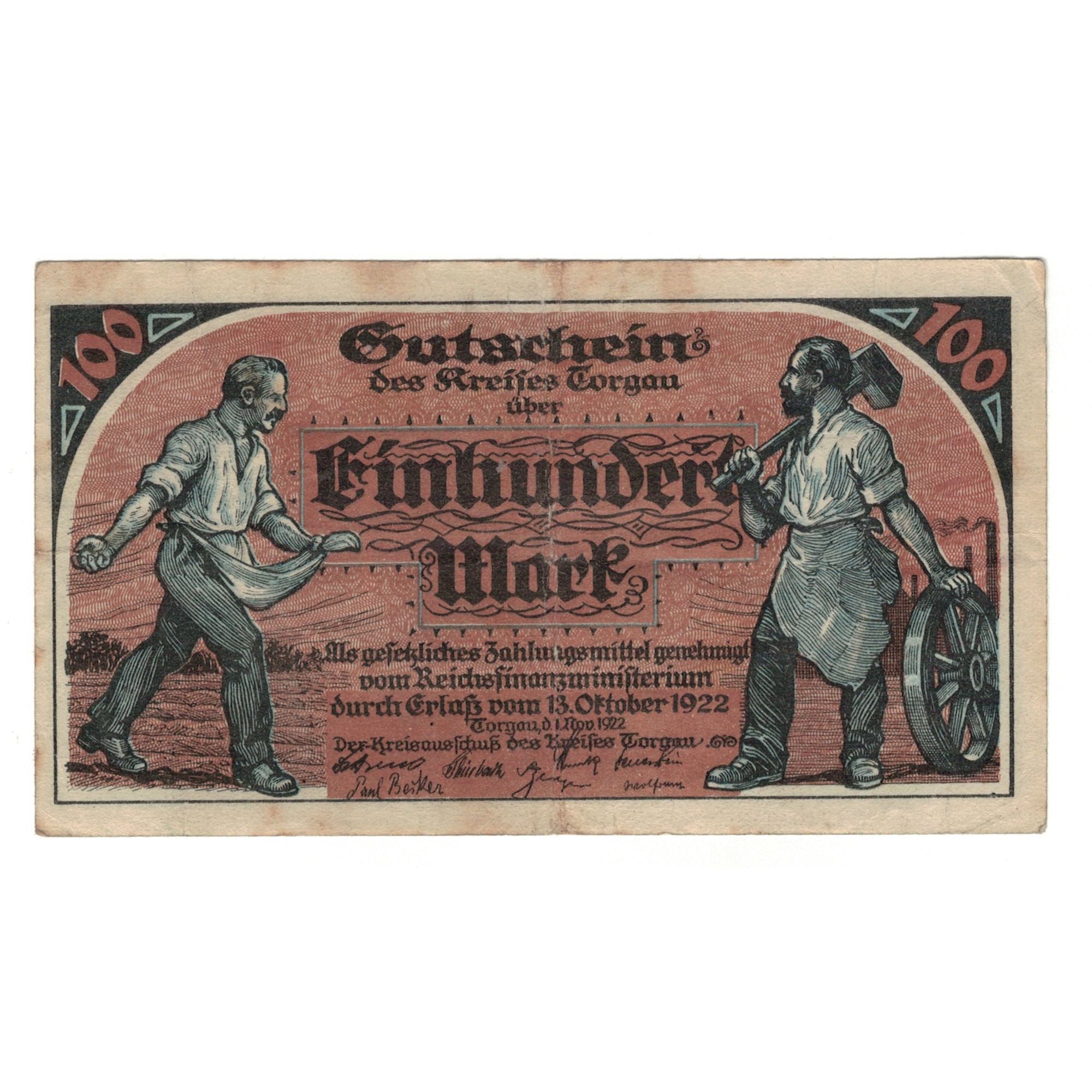 Banknote, Germany, Torgau Stadt, 100 Pfennig, personnage, 1922, 1922-11-01