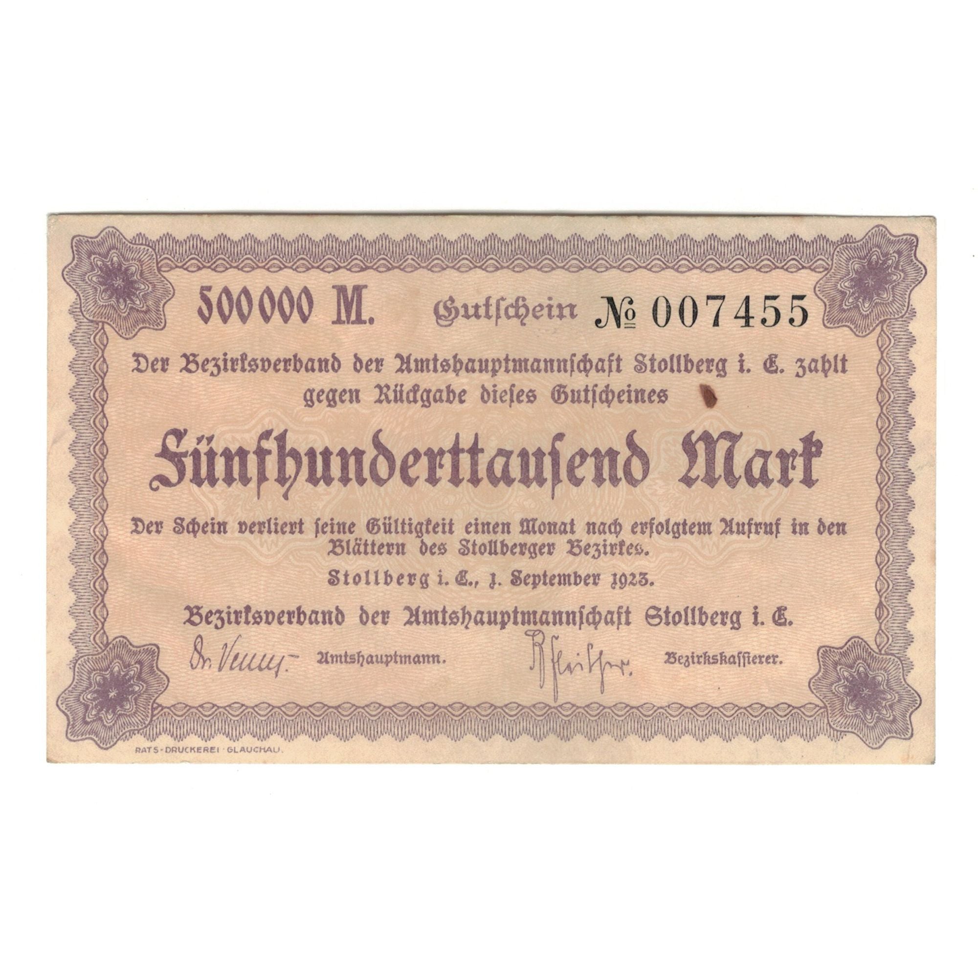 Billet, Allemagne, Stollberg, 500000 Mark, Texte, 1923, 1923-09-01, SUP