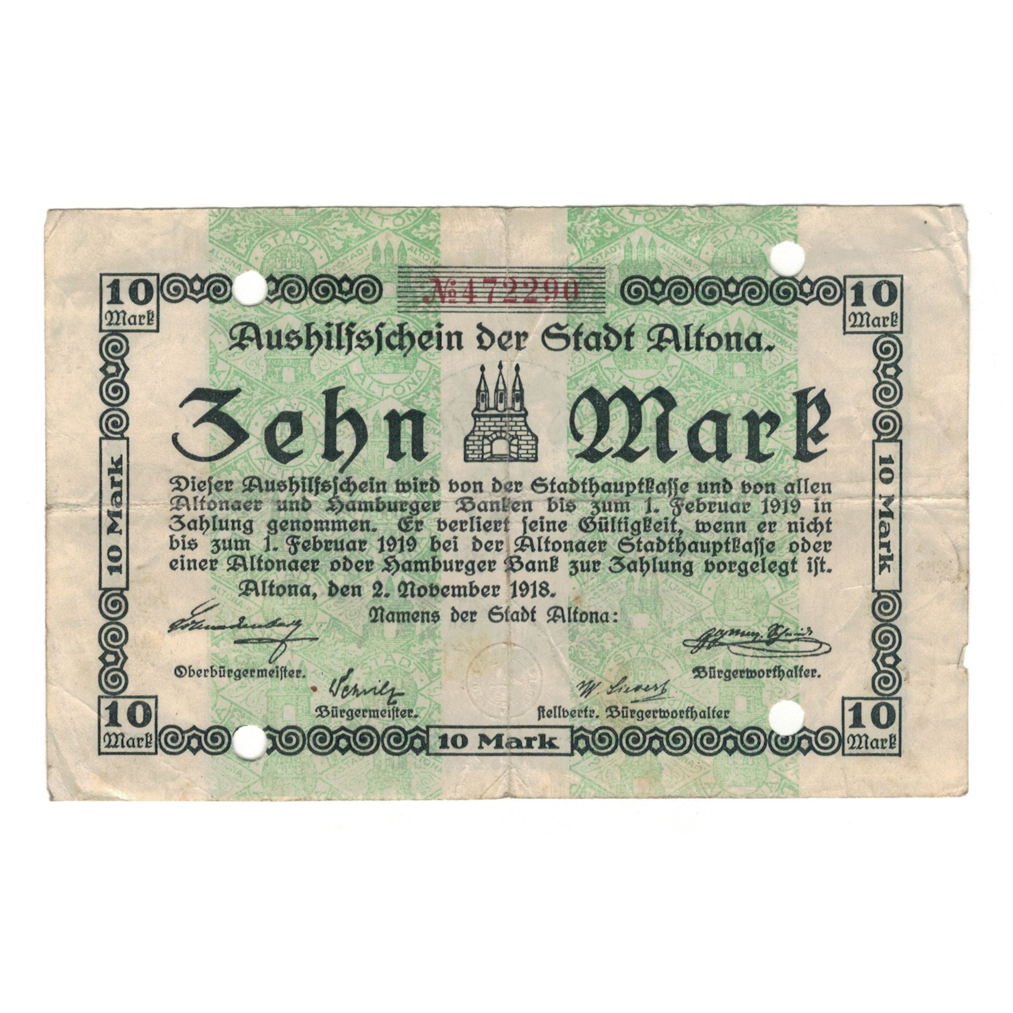 Billet, Allemagne, Altona Stadt, 10 Mark, Texte, 1918, 1919-02-01, SUP