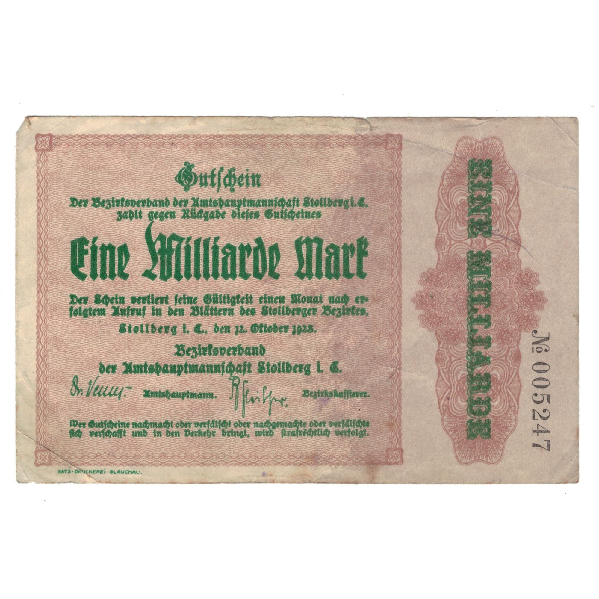 Banknote, Germany, Stollberg, 1 Milliarde Mark, Texte, 1923, 1923-09-01