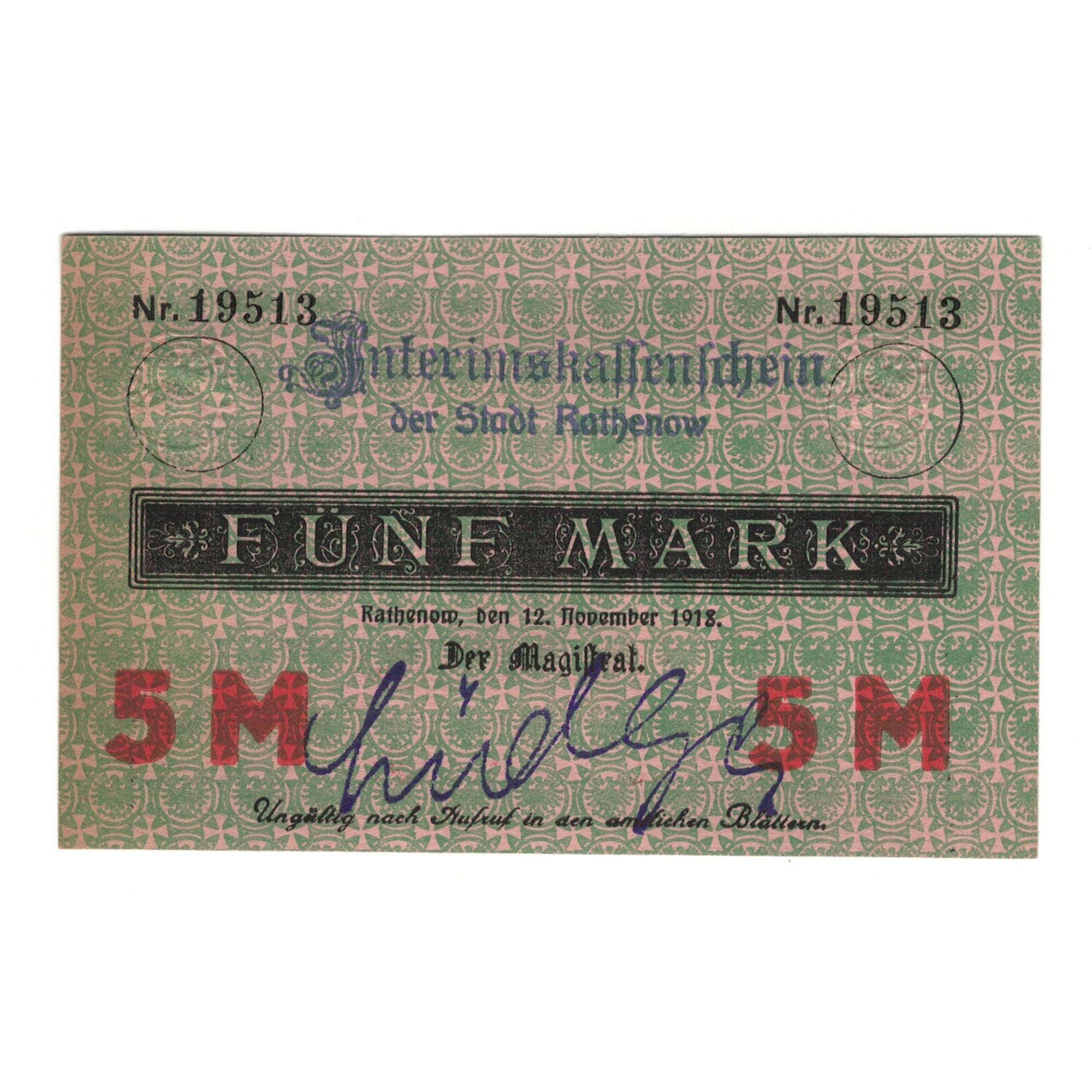 Billet, Allemagne, Rathenow Stadt, 5 Mark, Texte, 1918, 1918-11-12, SUP