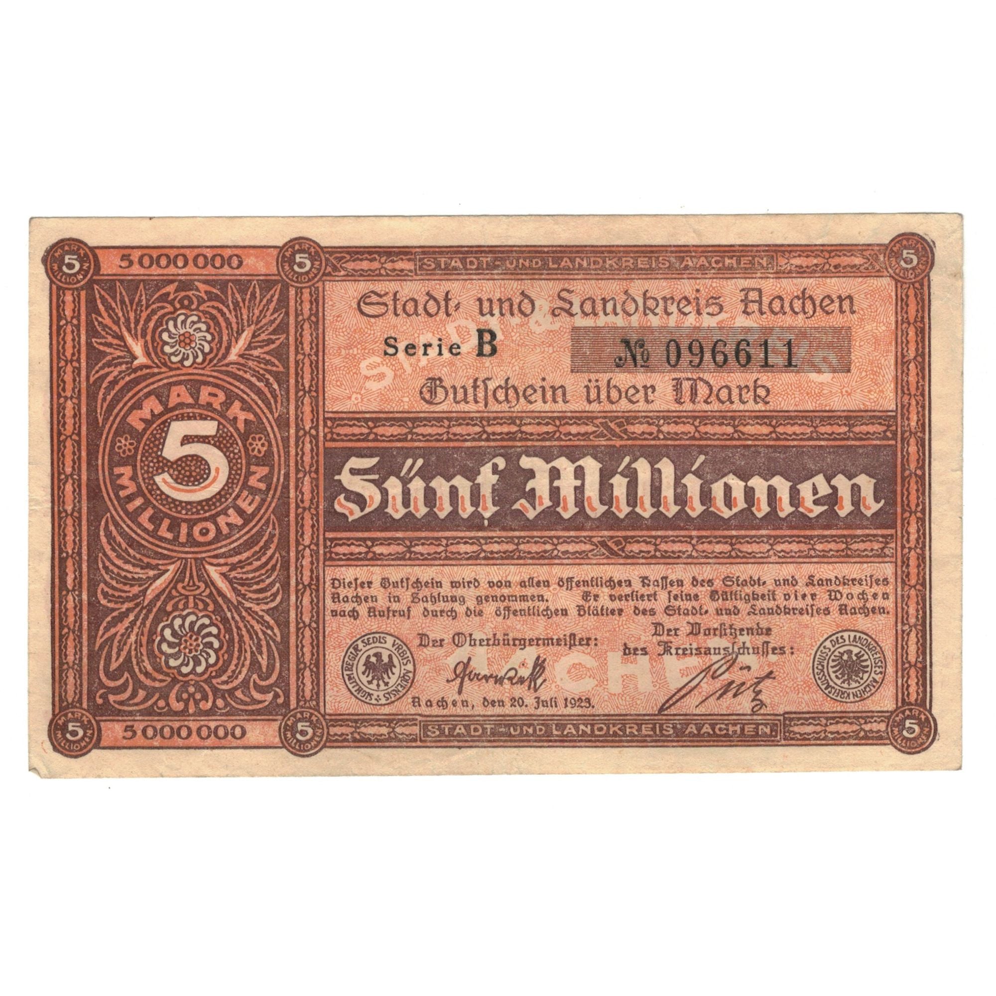 Banknote, Germany, Aachen Stadt und Landkreis, 5 Millionen Mark, Texte, 1923