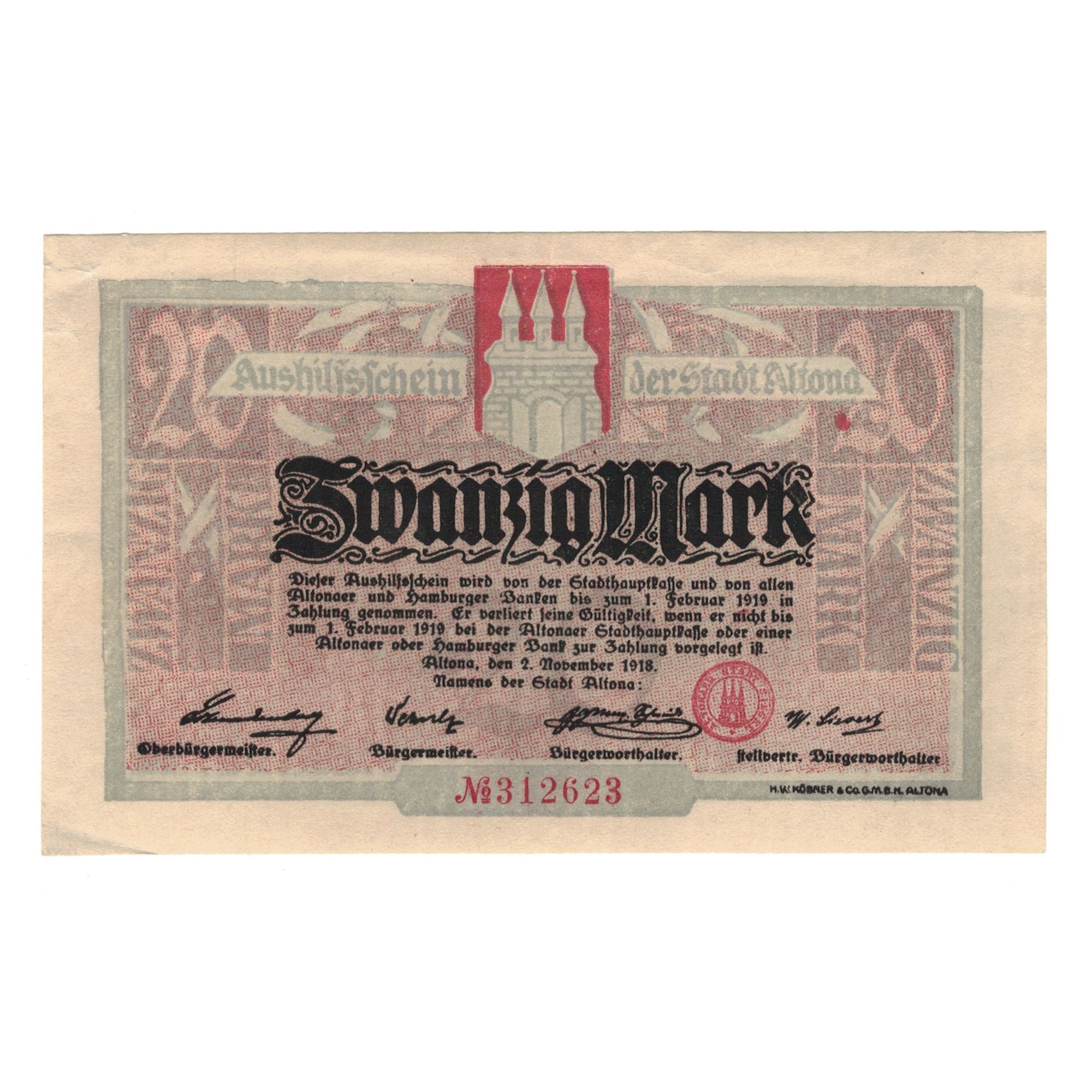 Banknote, Germany, Altona Stadt, 20 Mark, Texte, 1918, 1919-02-01, AU(55-58)
