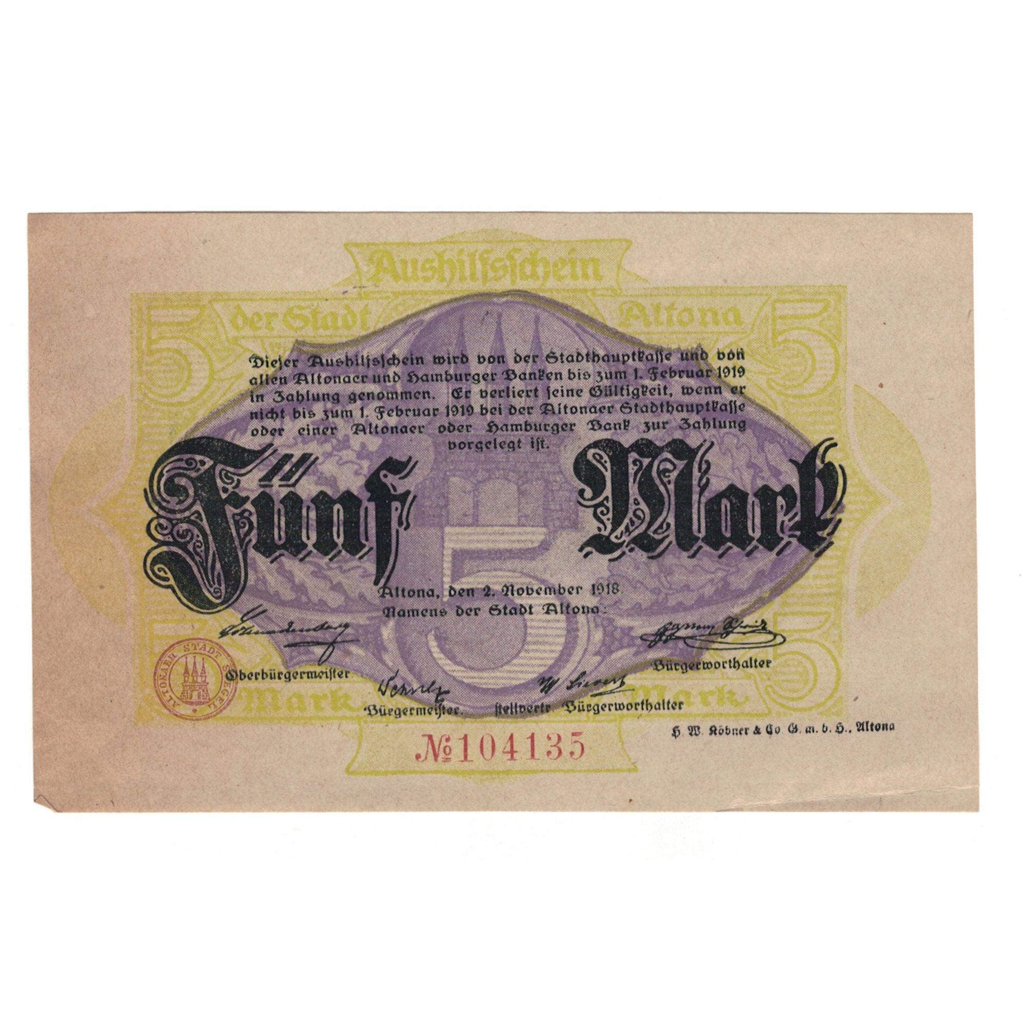 Billet, Allemagne, Altona Stadt, 5 Mark, Texte, 1918, 1919-02-01, SUP