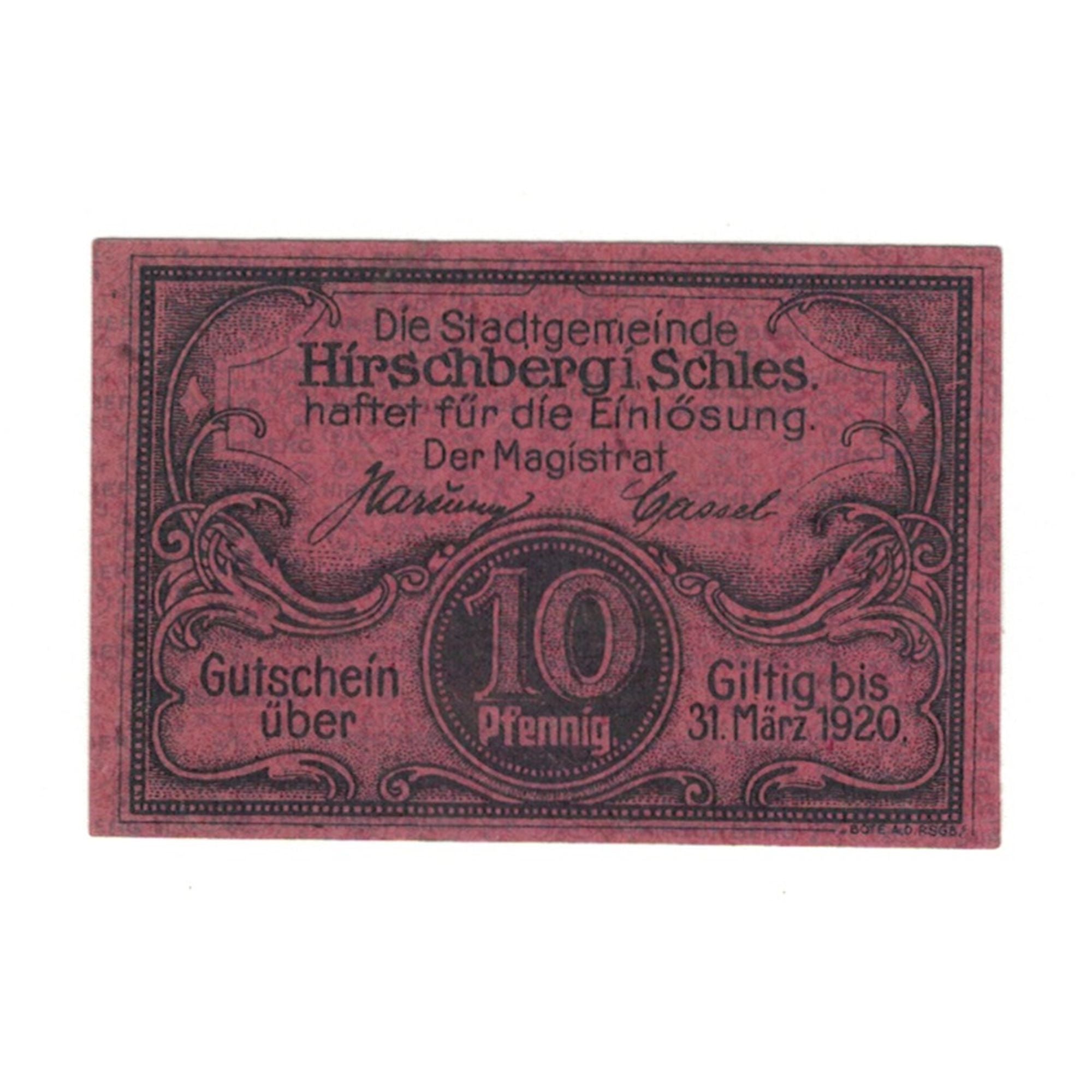Banknote, Germany, Hirschberg i. Schles Stadt, 10 Pfennig, paysage, 1920