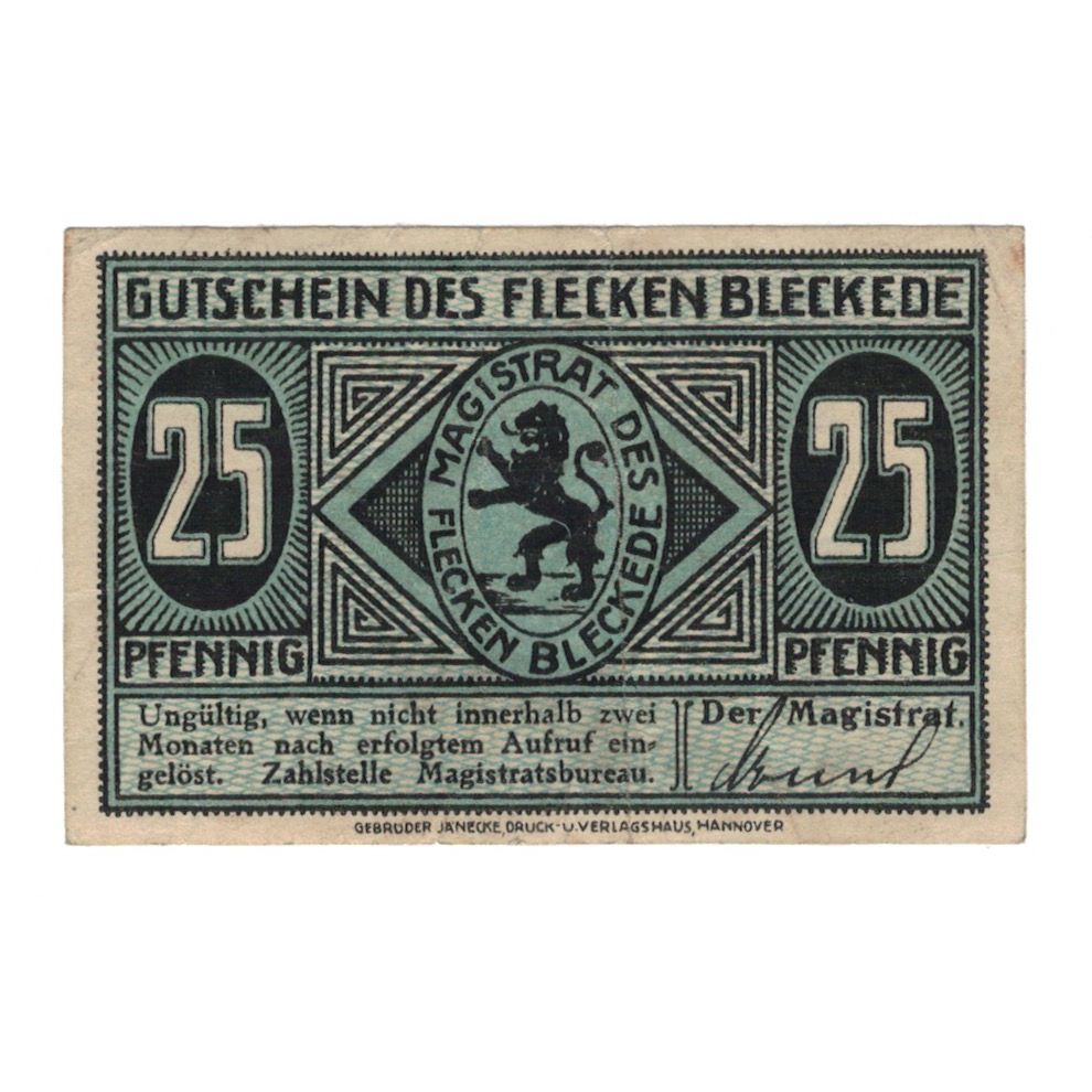 Billet, Allemagne, Bleckede Flecken, 25 Pfennig, paysage, 1920, SUP, Mehl:B63.1