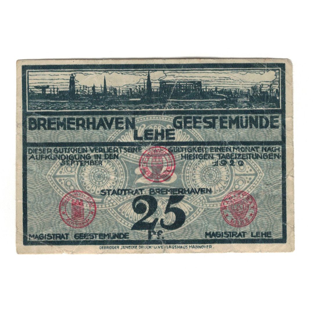 Billet, Allemagne, Bremerhaven Geestemünde und Lehe Städte, 25 Pfennig