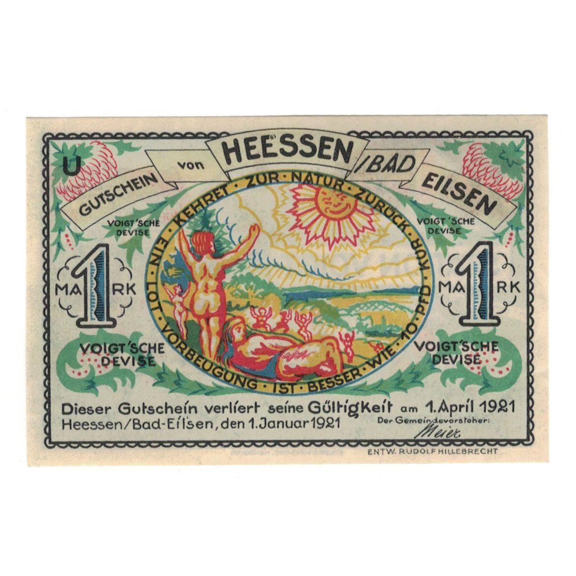 Banknote, Germany, Heessen bei Eilsen Gemeinde, 1 Mark, paysage, 1921