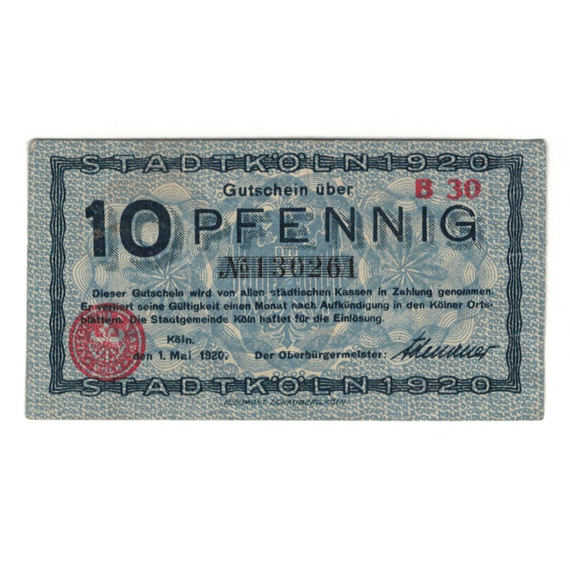 Billet, Allemagne, Köln Stadt, 10 Pfennig, Monument, 1920, 1920-05-01, SUP