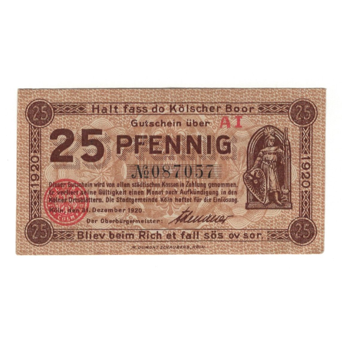 Banconote, Germania, Köln Stadt, 25 Pfennig, Monument, 1920, 1920-12-31, SPL-