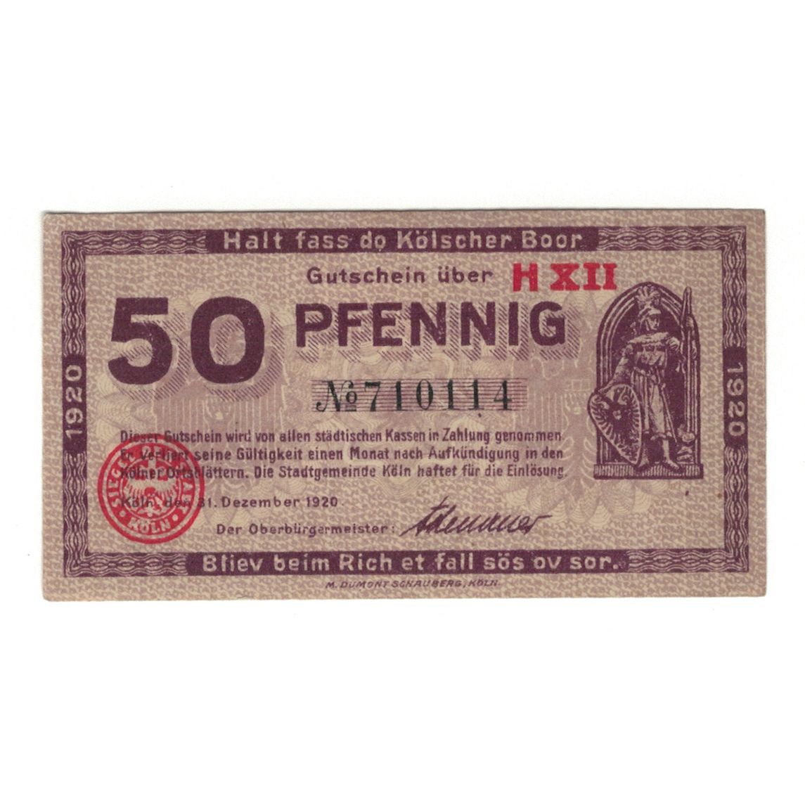 Banknote, Germany, Köln Stadt, 50 Pfennig, Monument, 1920, 1920-12-31
