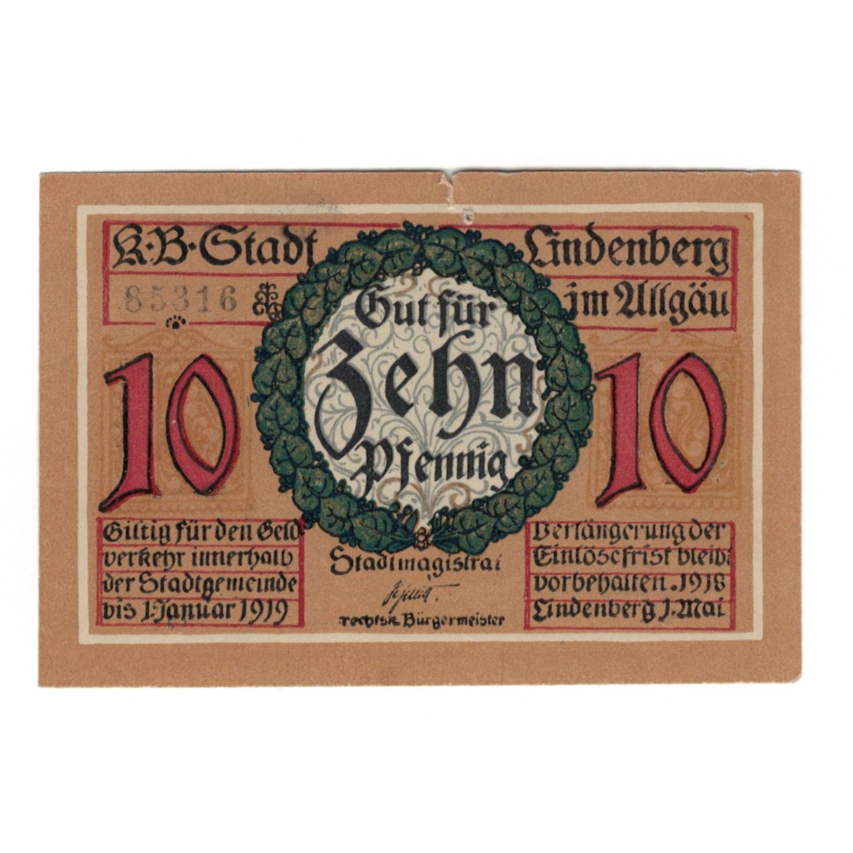 Billet, Allemagne, Lindenberg i. Allgäu Stadt, 10 Pfennig, personnage, 1918