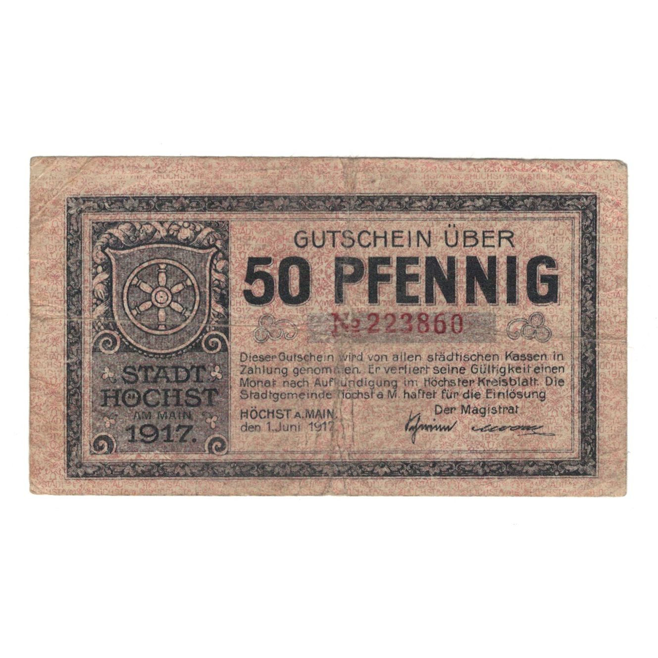 Billet, Allemagne, Höchst a.M. Stadt, 50 Pfennig, valeur faciale, 1917
