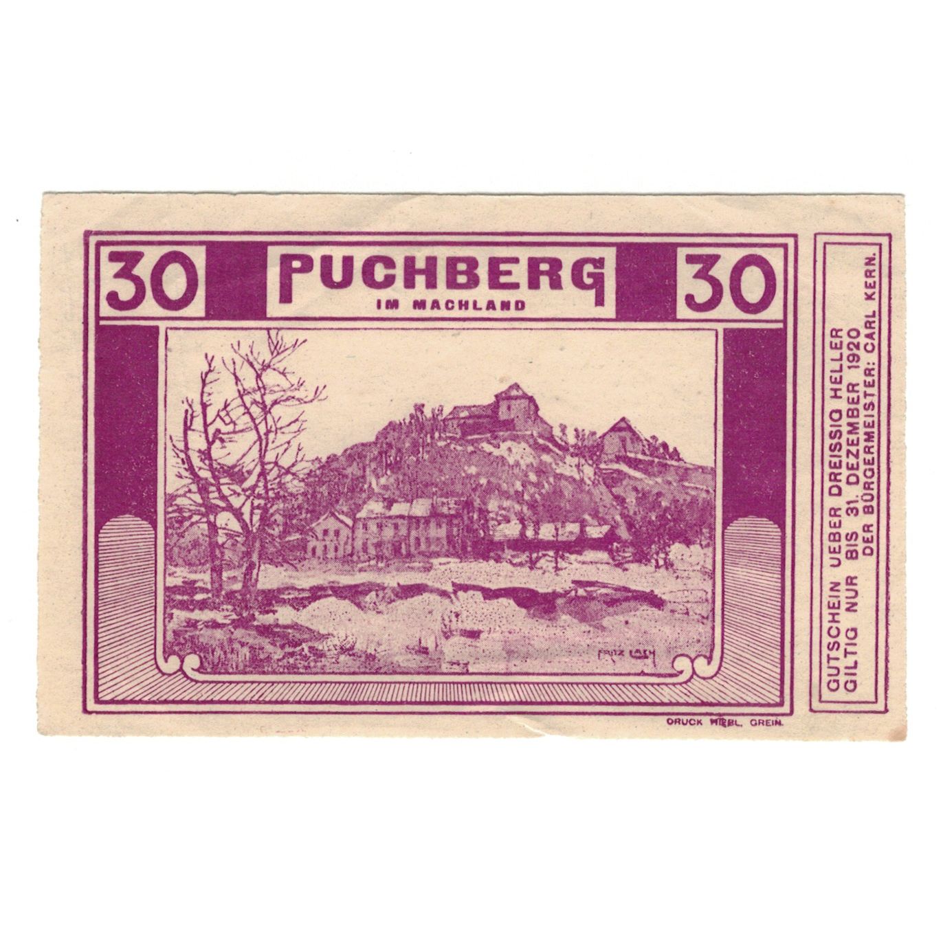 Banknote, Austria, Puchberg im Machland O.Ö. Gemeinde, 30 Heller, paysage