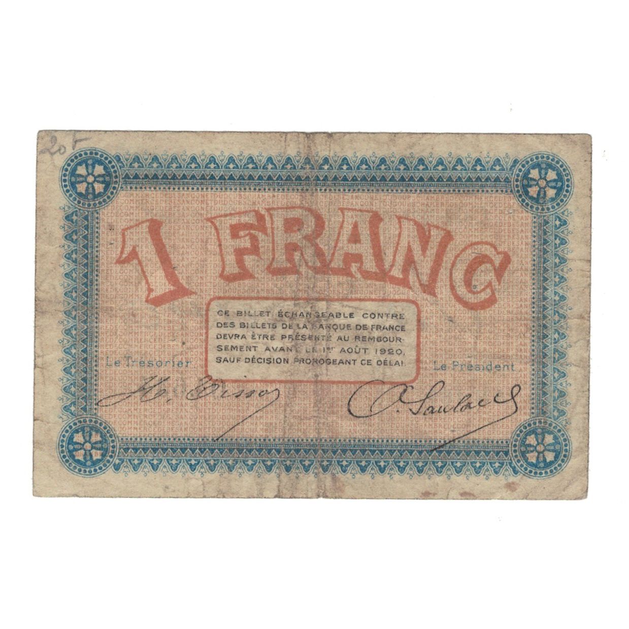 France, Besançon, 1 Franc, 1920, AU(55-58), Pirot:025.12