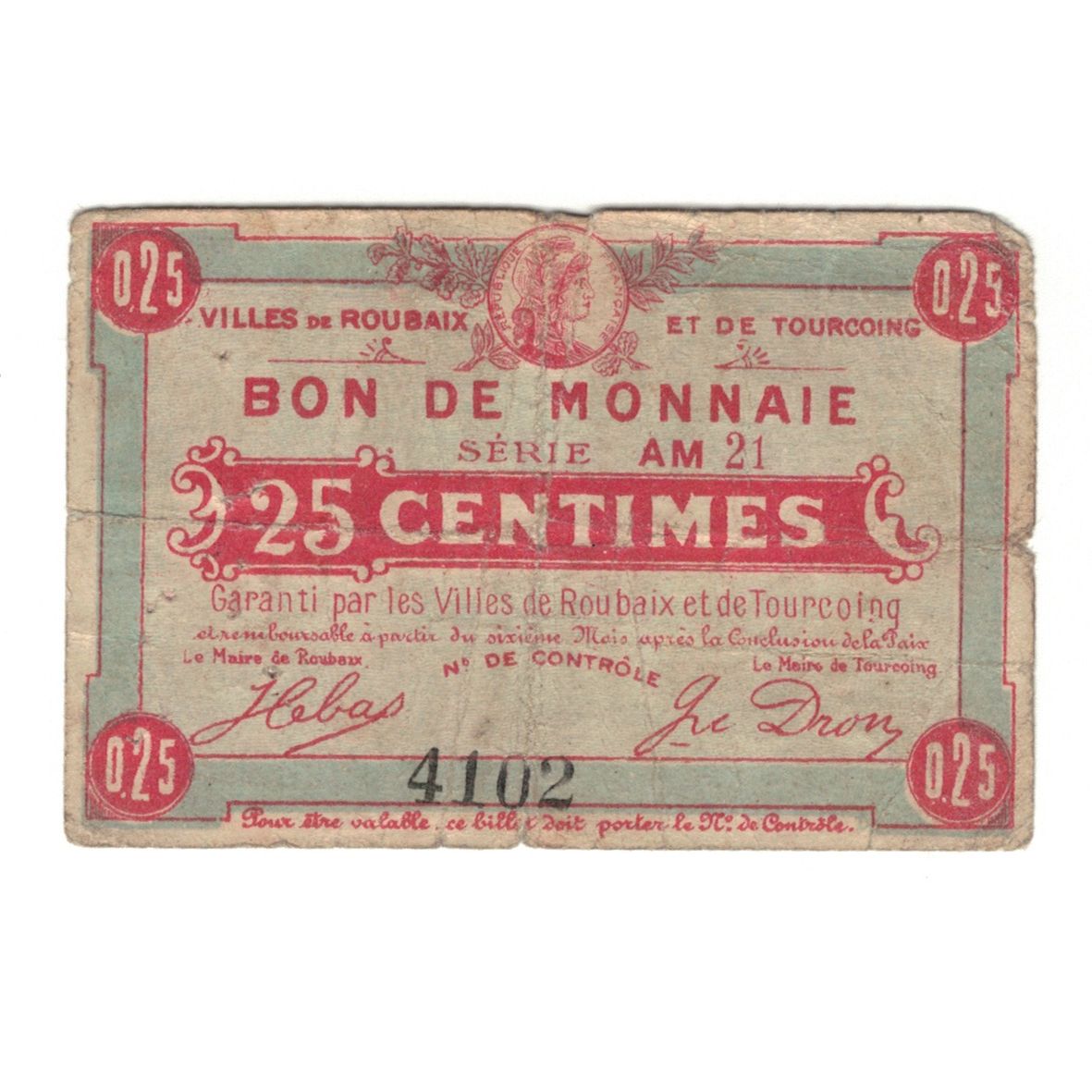 Frankrijk, Roubaix et Tourcoing, 25 Centimes, 1914, SUP, Pirot:109-1
