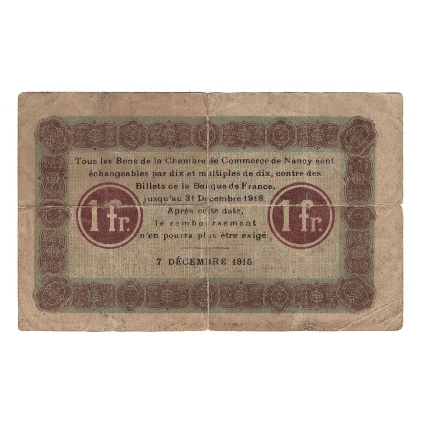 France, Nancy, 1 Franc, 1915, AU(55-58), Pirot:87-5