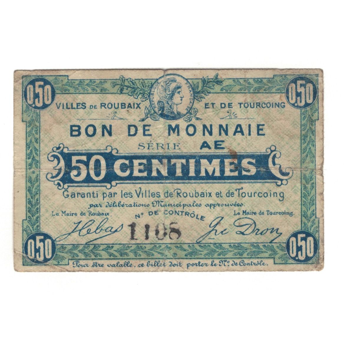 France, Roubaix et Tourcoing, 50 Centimes, 1914, AU(55-58), Pirot:109-1