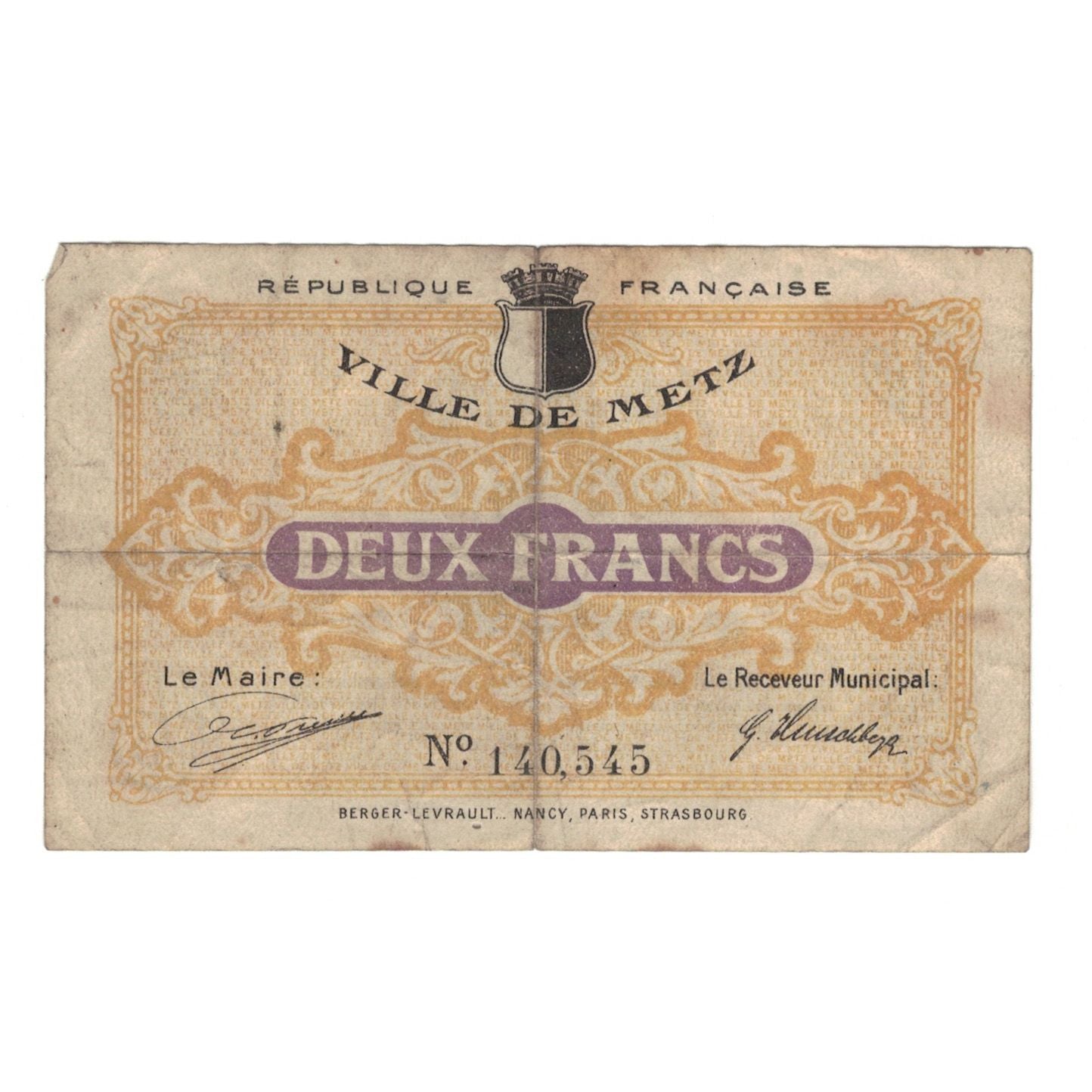 France, Metz, 2 Francs, 1918, AU(55-58), Pirot:131-6