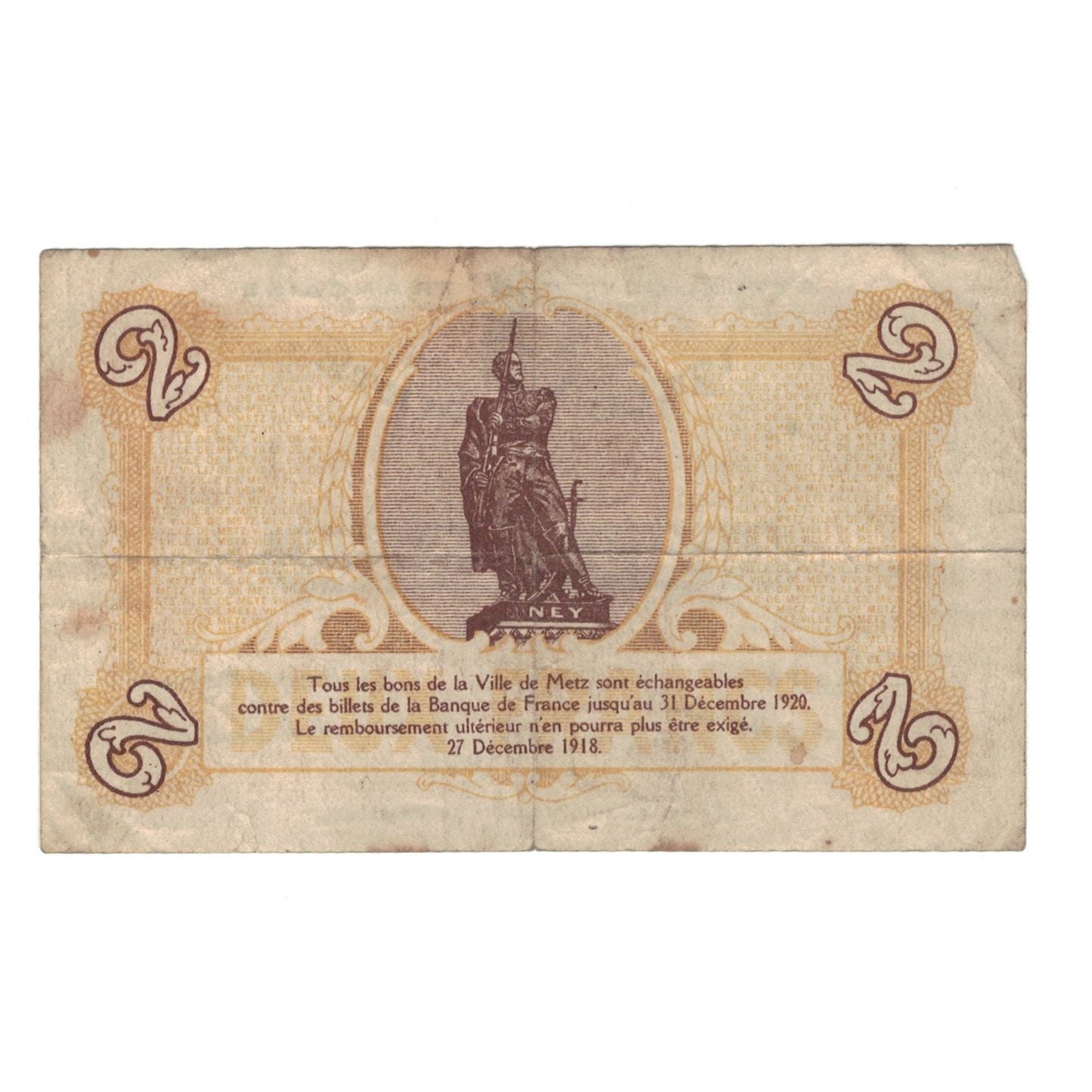France, Metz, 2 Francs, 1918, AU(55-58), Pirot:131-6