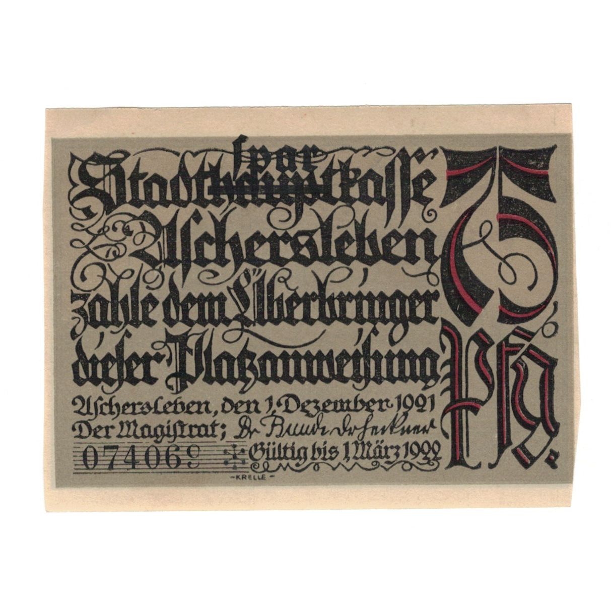 Banknote, Germany, Aschersleben Stadt, 75 Pfennig, Batiment, 1921, 1921-12-01