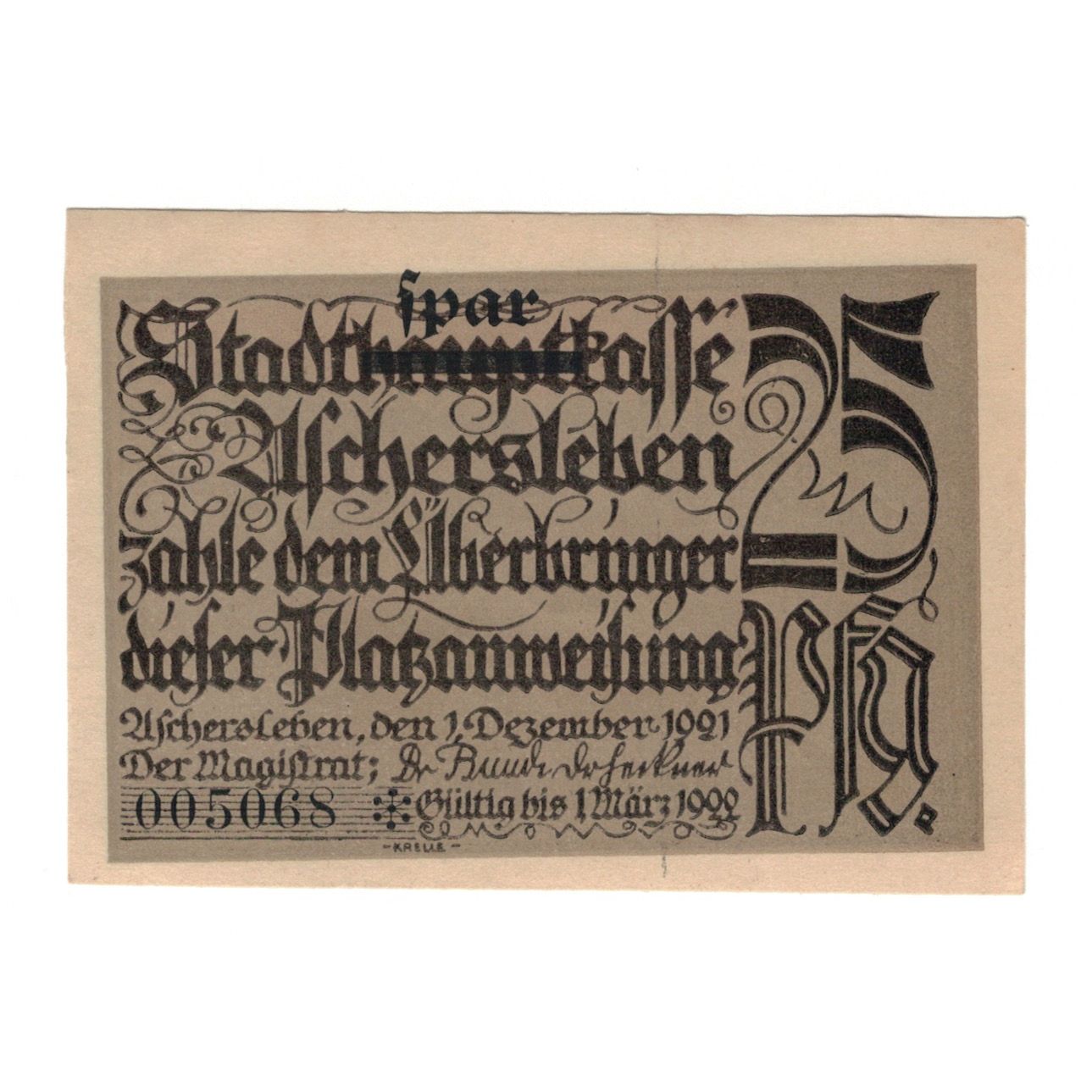 Banknote, Germany, Aschersleben Stadt, 25 Pfennig, Animaux, 1921, 1921-12-01
