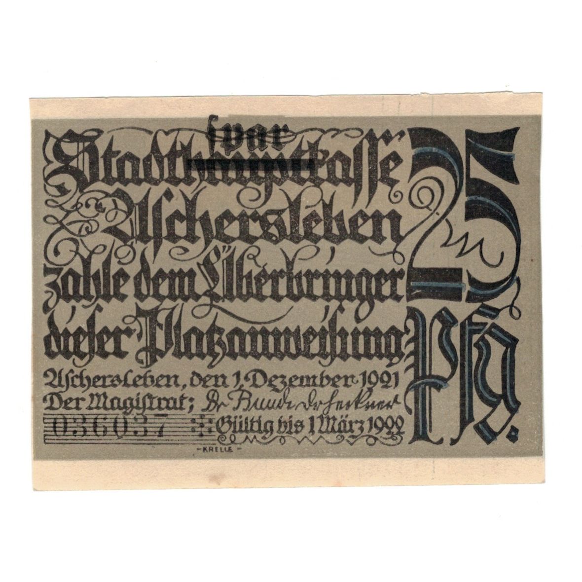 Biljet, Duitsland, Aschersleben Stadt, 25 Pfennig, paysage, 1921, 1921-12-01