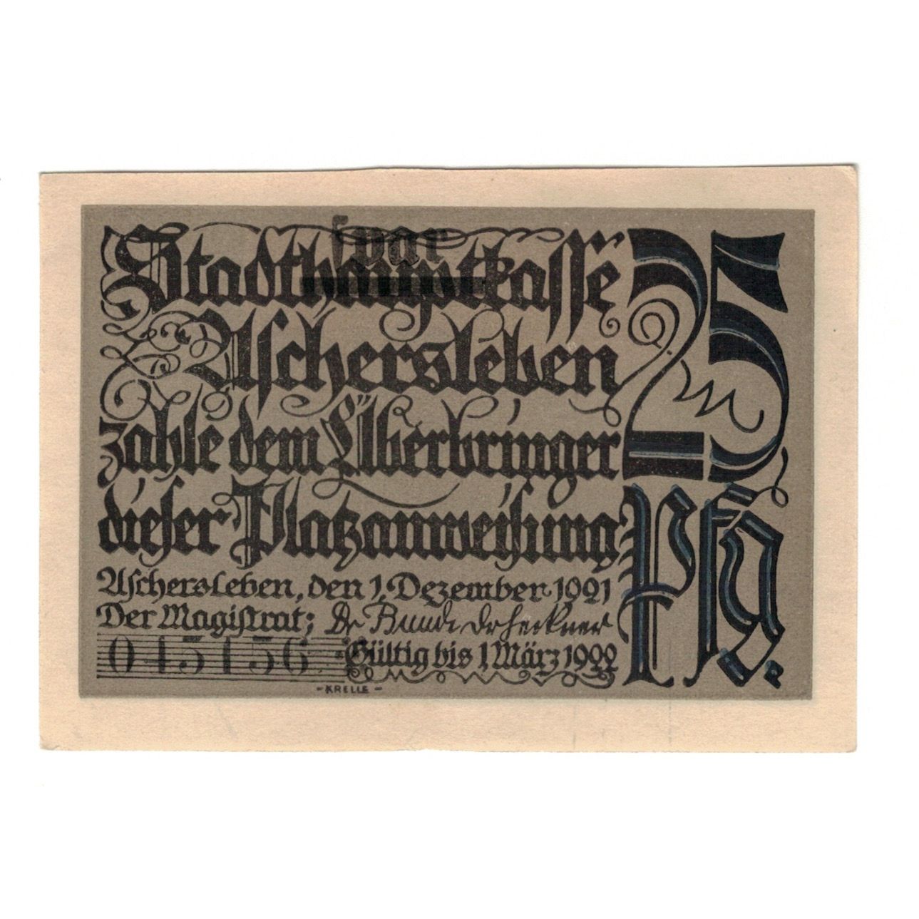 Billet, Allemagne, Aschersleben Stadt, 25 Pfennig, paysage 1, 1921, 1921-12-01