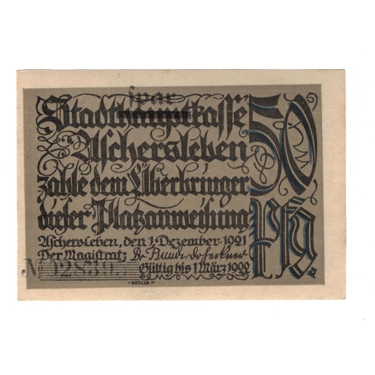 Billete, Alemania, Aschersleben Stadt, 50 Pfennig, personnage, 1921, 1921-12-01