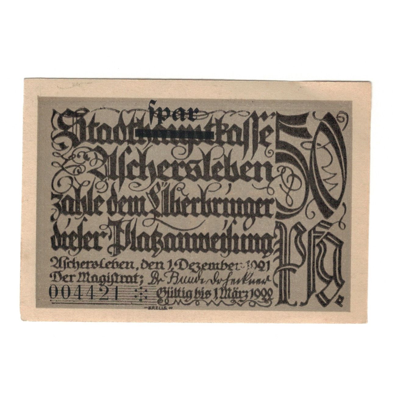 Billet, Allemagne, Aschersleben Stadt, 50 Pfennig, personnage 2, 1921