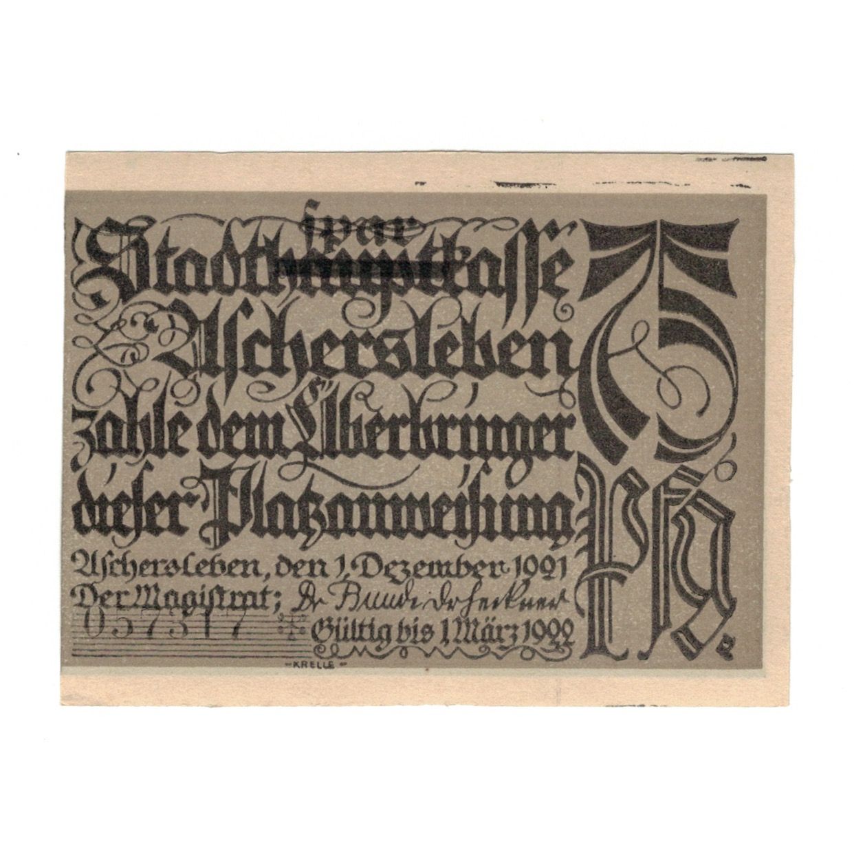 Billete, Alemania, Aschersleben Stadt, 75 Pfennig, personnage, 1921, 1921-12-01