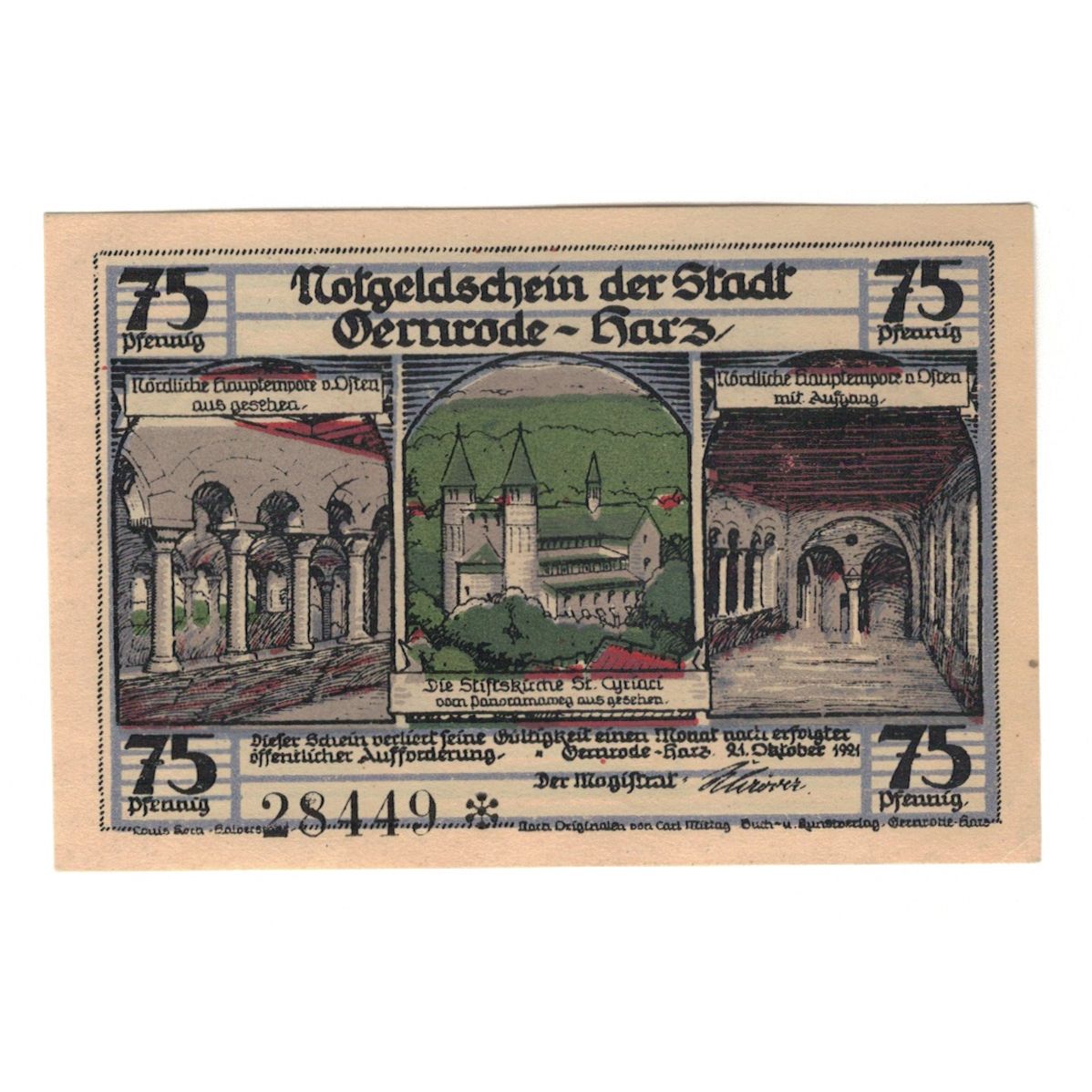 Billet, Allemagne, Gernrode a.H. Stadt, 75 Pfennig, eglise 2, 1921, 1921-10-21