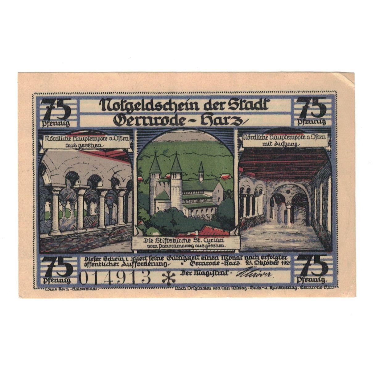 Biljet, Duitsland, Gernrode a.H. Stadt, 75 Pfennig, église 3, 1921, 1921-10-21