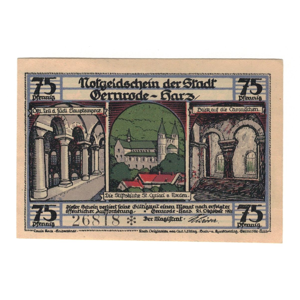 Biljet, Duitsland, Gernrode a.H. Stadt, 75 Pfennig, église 4, 1921, 1921-10-21