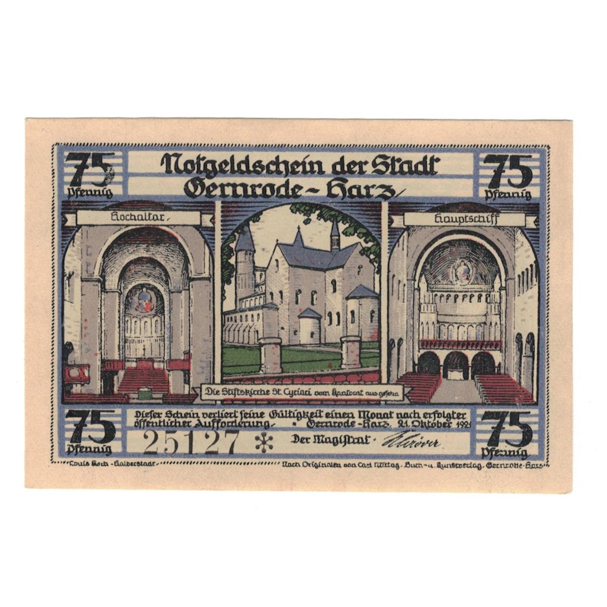 Banconote, Germania, Gernrode a.H. Stadt, 75 Pfennig, Eglise 1, 1921