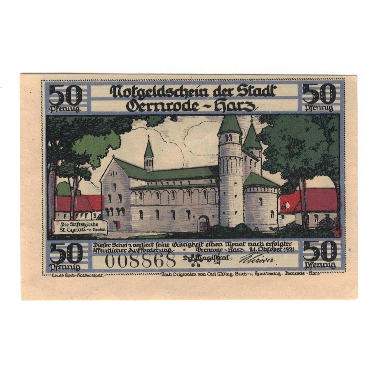 Biljet, Duitsland, Gernrode a.H. Stadt, 50 Pfennig, Eglise, 1921, 1921-10-21