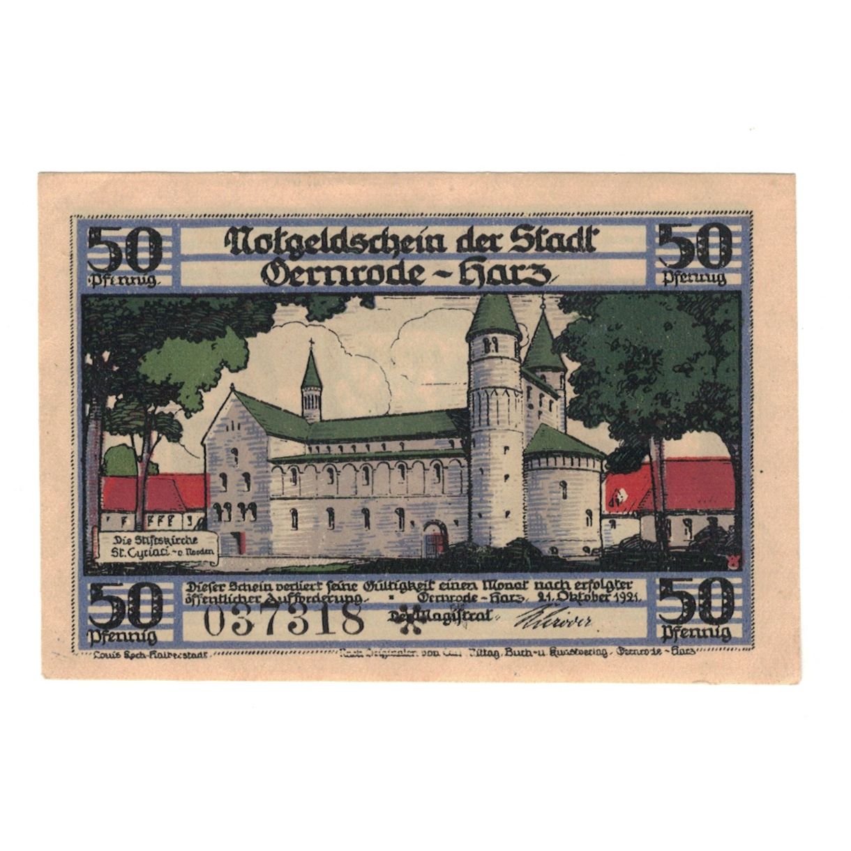 Billet, Allemagne, Gernrode a.H. Stadt, 50 Pfennig, eglise 2, 1921, 1921-10-21