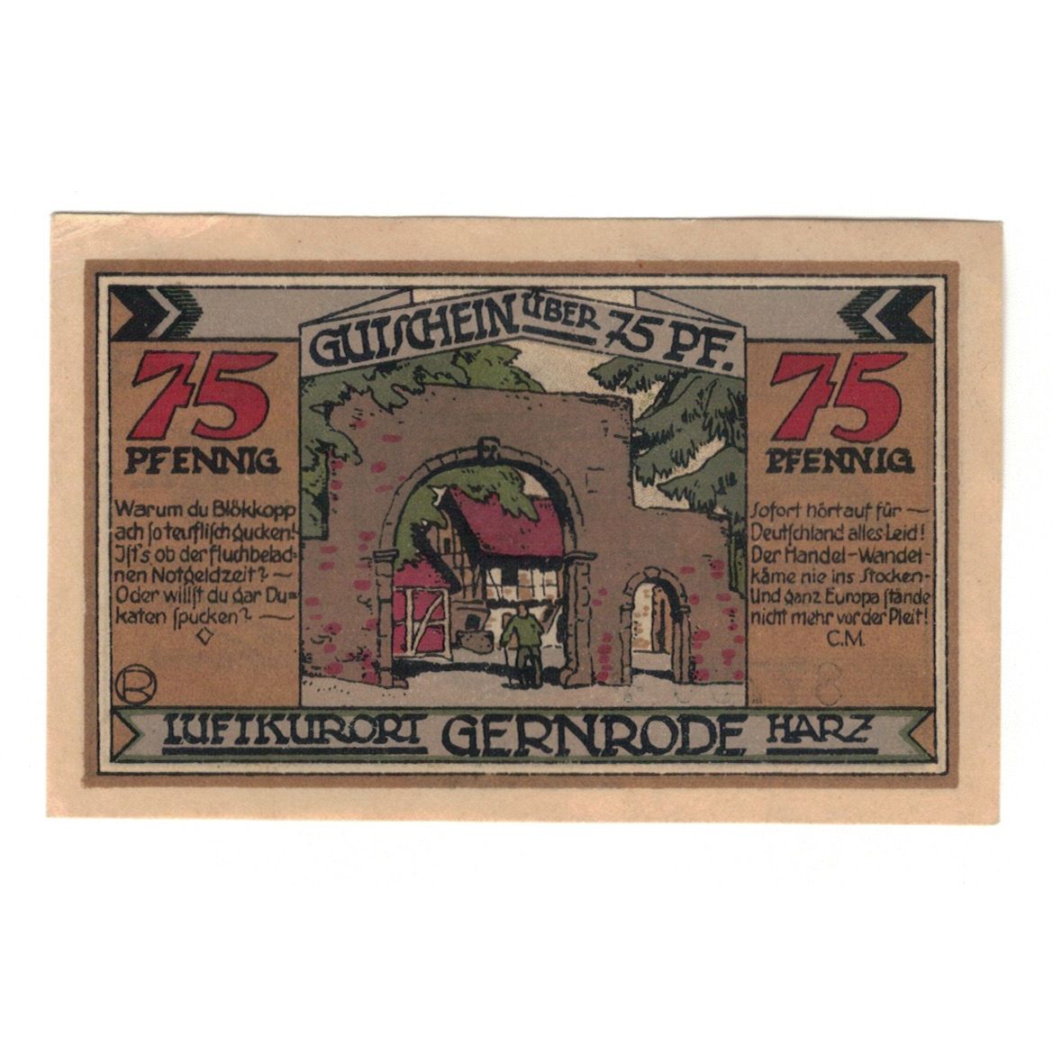 Biljet, Duitsland, Gernrode a.H. Stadt, 75 Pfennig, village 1, 1921, 1921-10-21