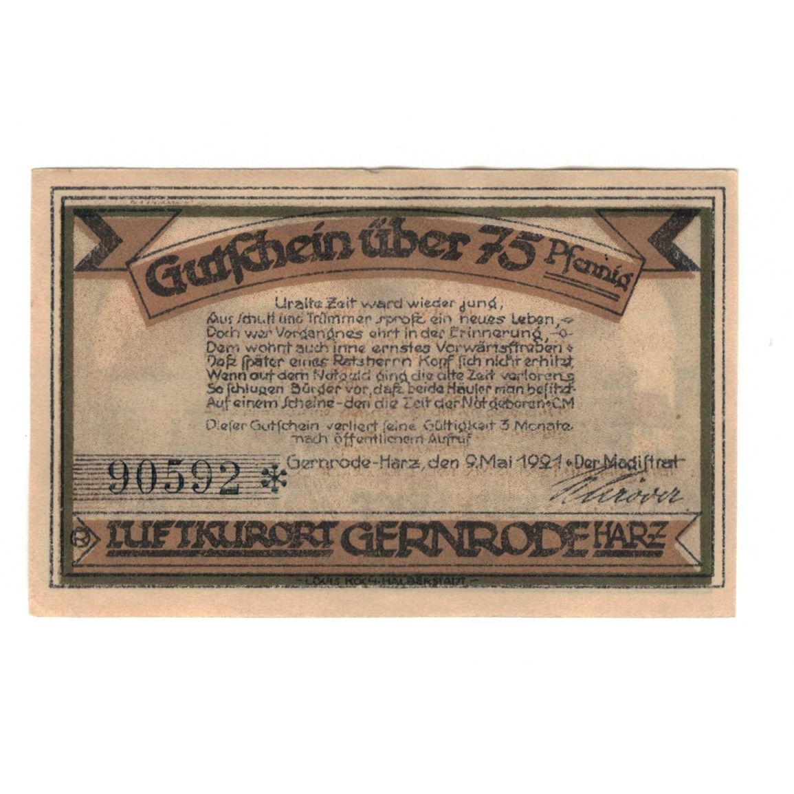 Nota, Alemanha, Gernrode a.H. Stadt, 75 Pfennig, maison 1, 1921, 1921-10-21