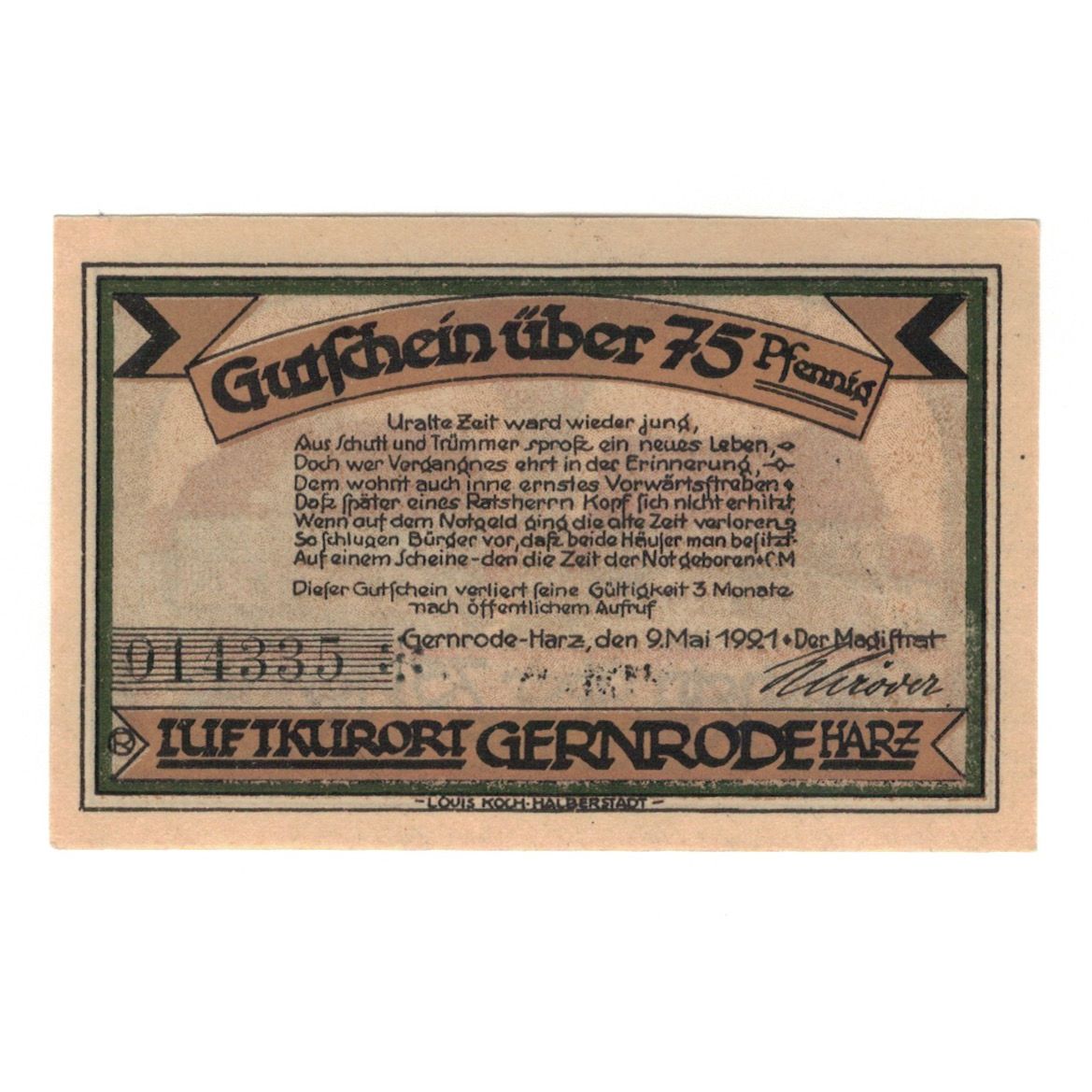 Banconote, Germania, Gernrode a.H. Stadt, 75 Pfennig, maison 2, 1921