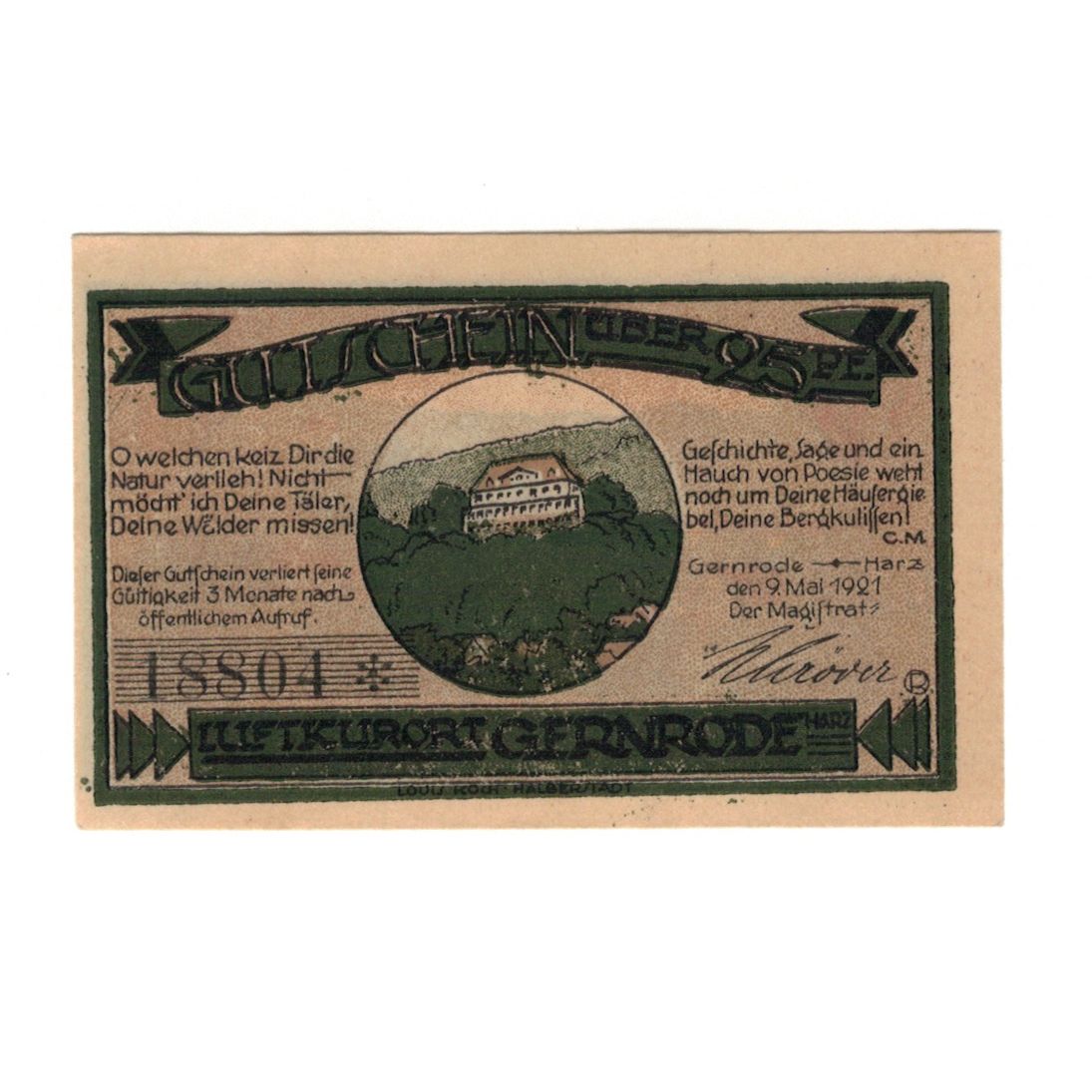 Biljet, Duitsland, Gernrode a.H. Stadt, 25 Pfennig, village, 1921, 1921-10-21