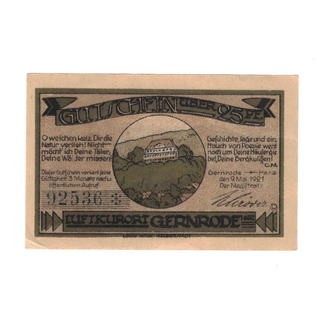 Banconote, Germania, Gernrode a.H. Stadt, 25 Pfennig, village 2, 1921