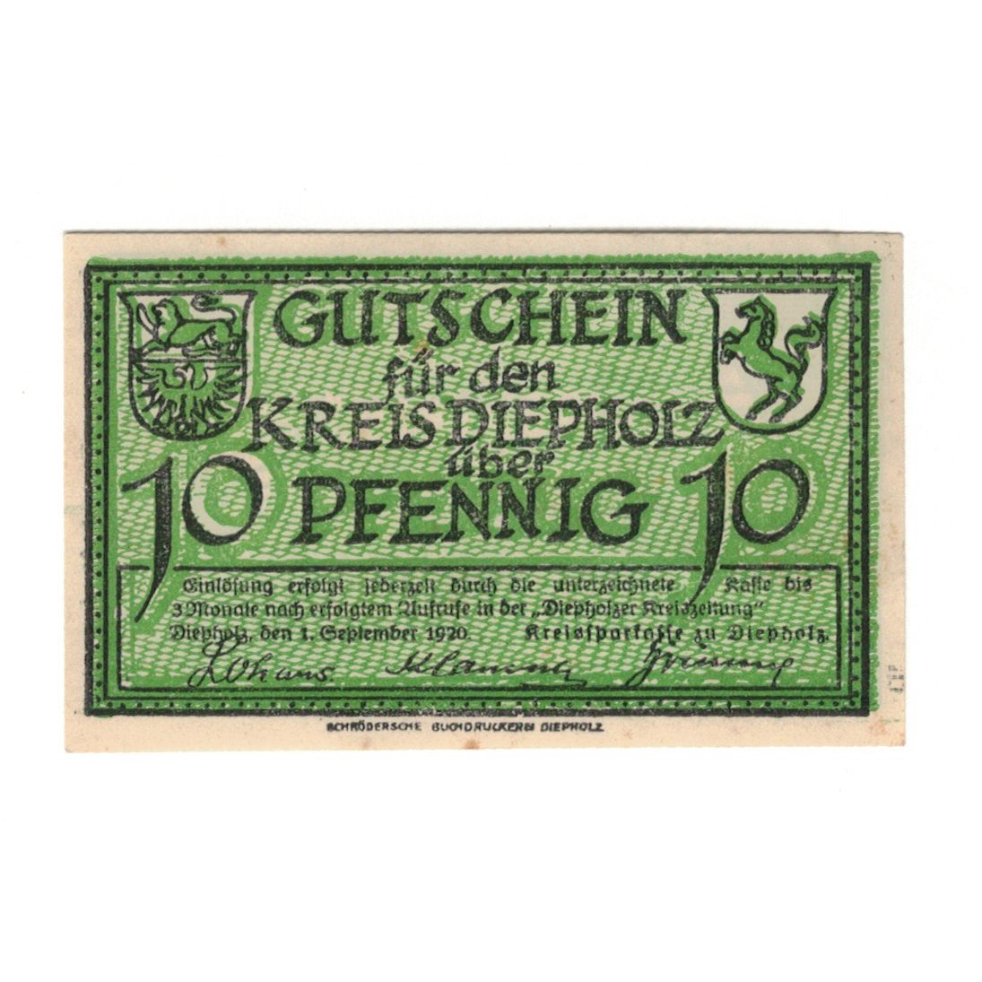 Nota, Alemanha, Diepholz Kreis, 10 Pfennig, Animaux, 1920, 1920-09-01