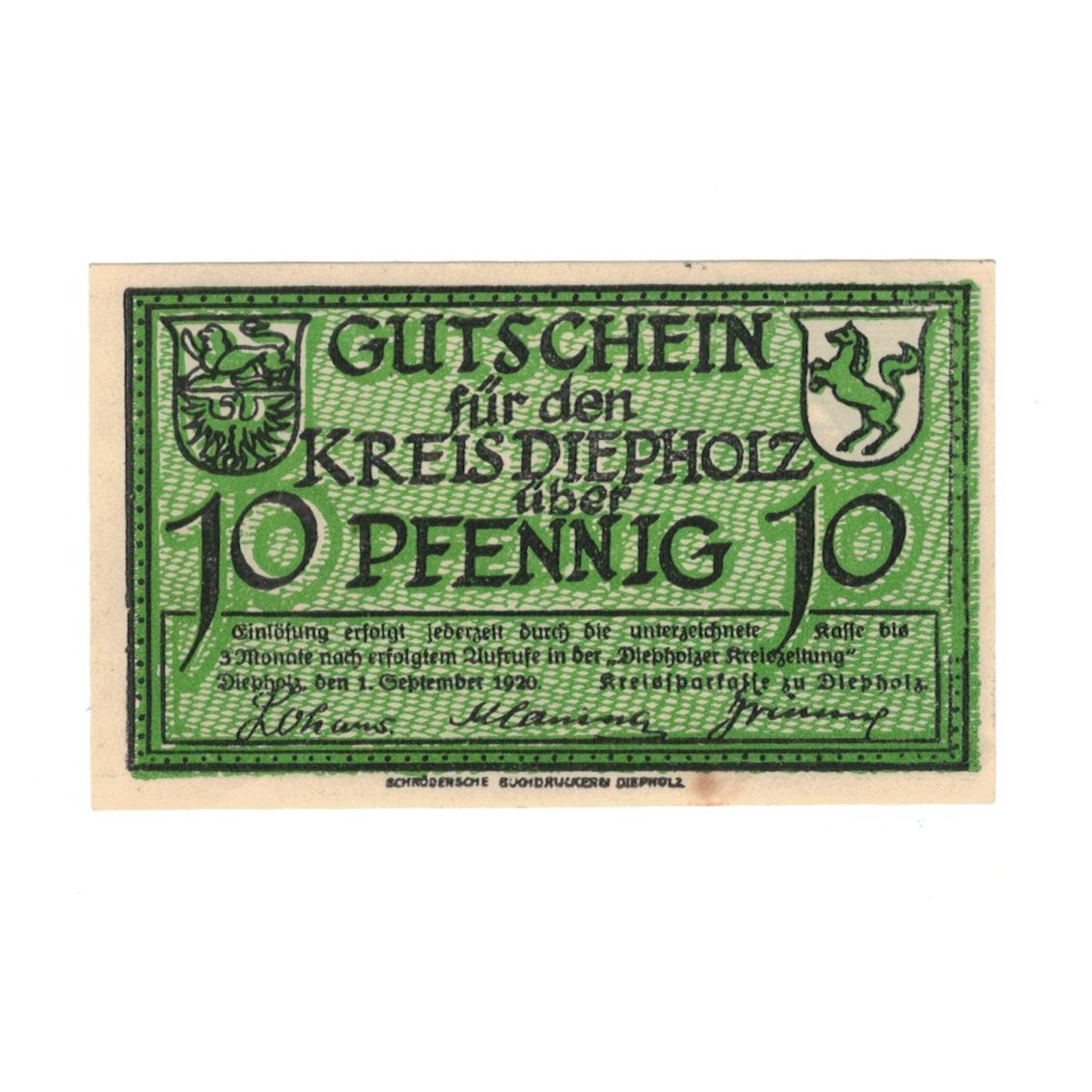 Biljet, Duitsland, Diepholz Kreis, 10 Pfennig, animaux 2, 1920, 1920-09-01