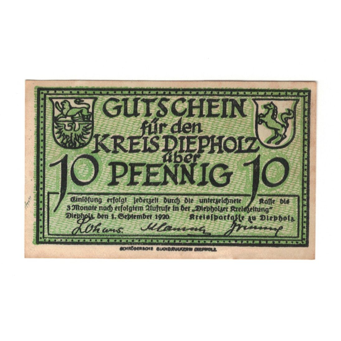 Biljet, Duitsland, Diepholz Kreis, 10 Pfennig, animaux 2, 1920, 1920-09-01
