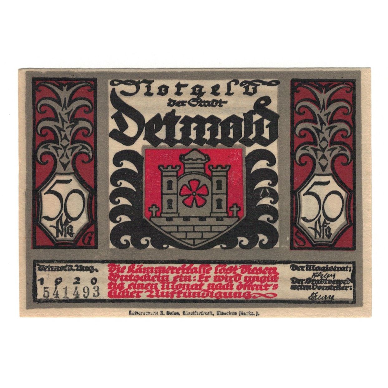 Banknote, Germany, Detmold Stadt, 50 Pfennig, Bataille, 1920, 1920-08-01