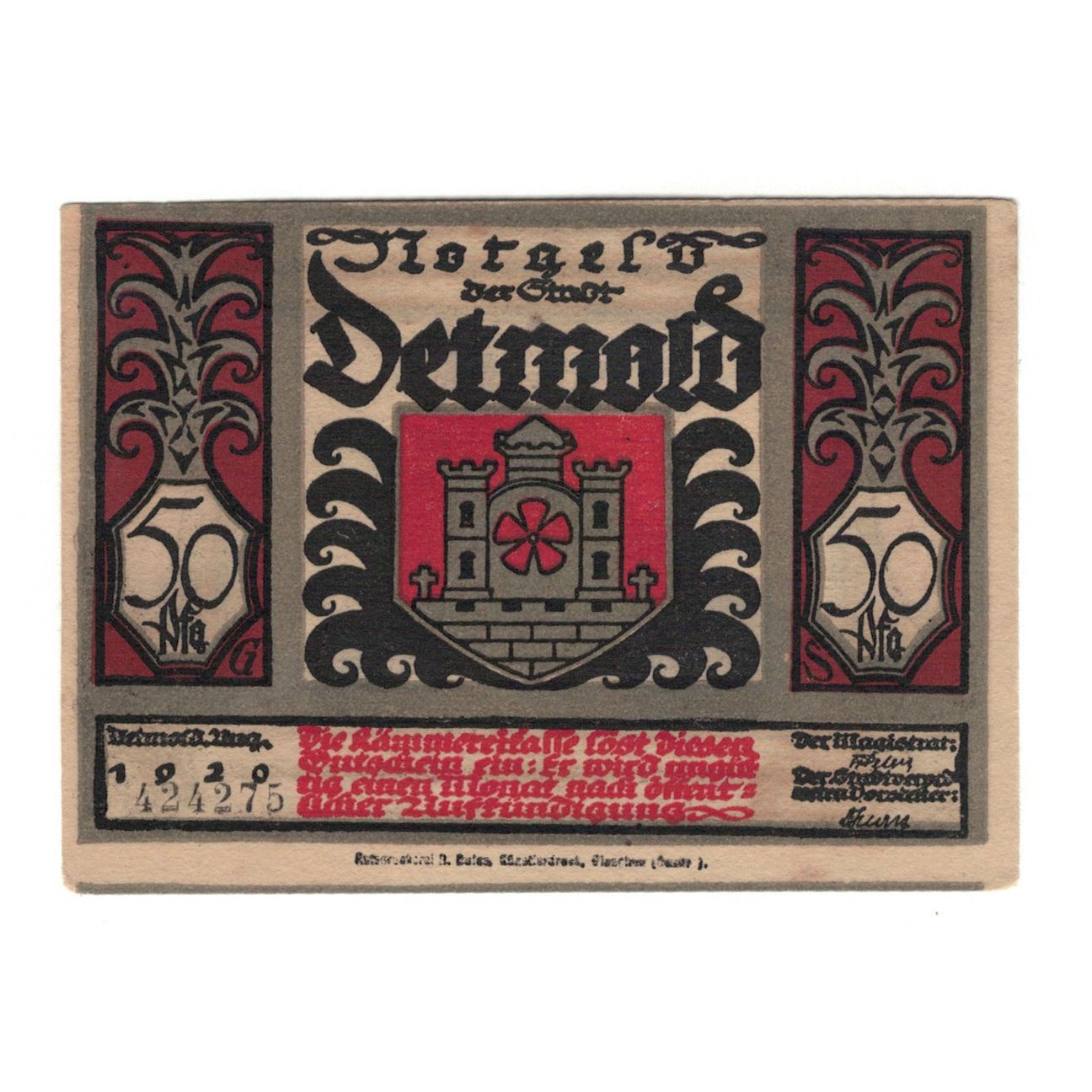 Billet, Allemagne, Detmold Stadt, 50 Pfennig, bataille 1, 1920, 1920-08-01
